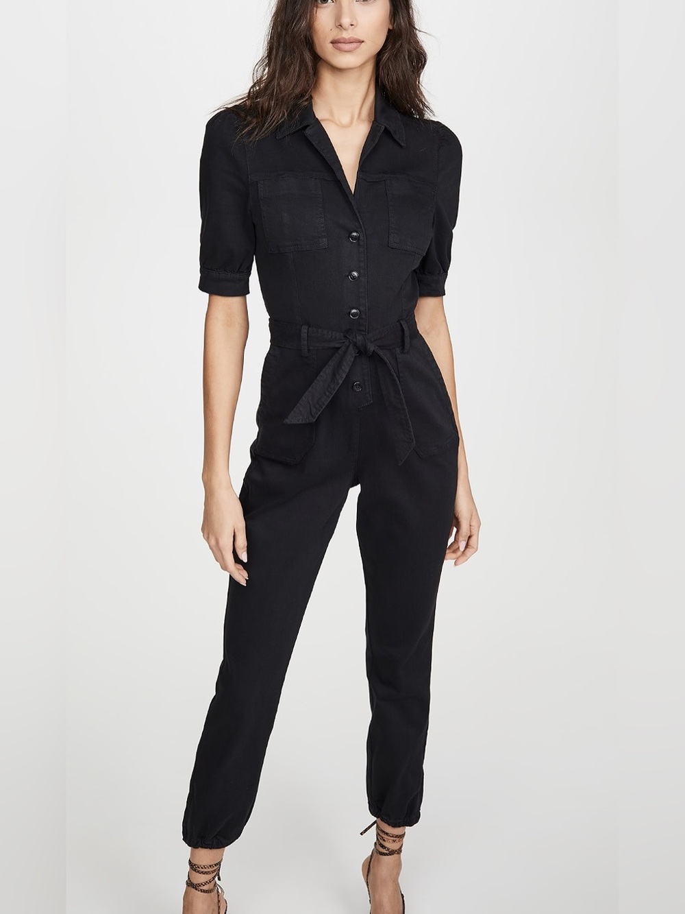 PAIGE Mayslie Short Sleeve Belted Utility Jumpsuit Washed Black Stretch Twill 4
